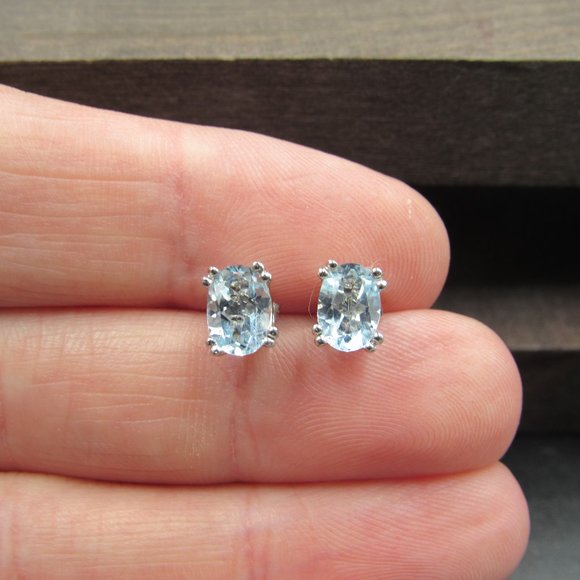 Sterling Ornate Oval Blue Topaz Stud Earrings - Picture 2 of 7